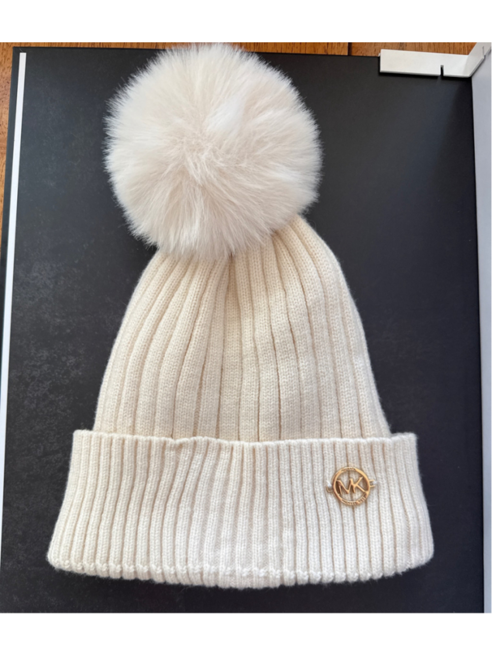 Women's Michael Kors Ribbed Pom Pom Beanie Hat, One Size, White